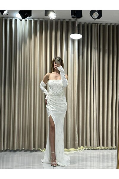 Kaleiçi Yıldızlar Beyaz İnci-Taş İşlemeli Straplez Eldiven Detay Elbise