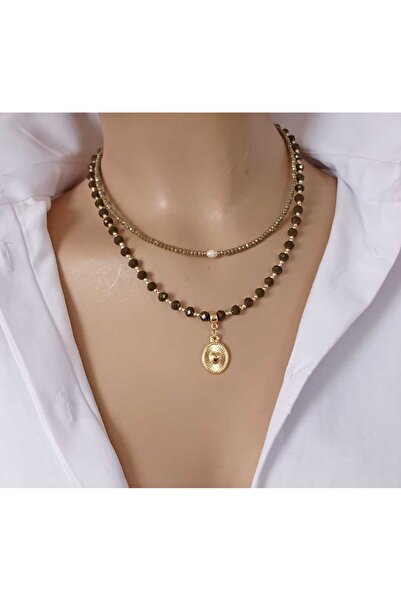 shop Minimal Haki İkili Kolye Kristal Boncuk & Tatlı Su İncisi