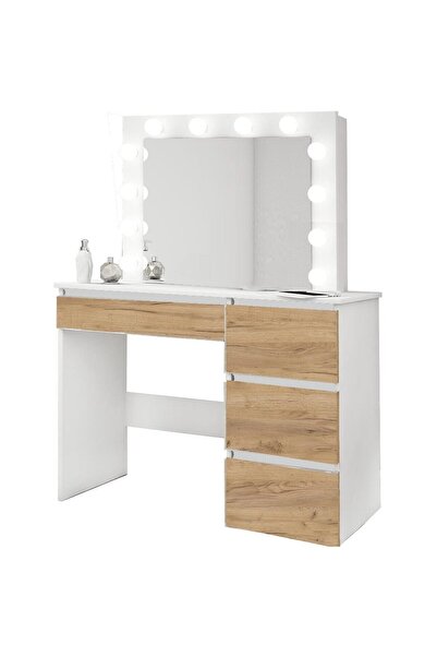 Artool Masa de toaleta/machiaj, alb si stejar Wotan, cu oglinda si LED-uri, Irina, 94x43x141 cm