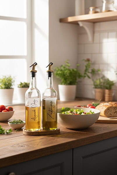 zezedesing 2-Piece Olive Oil and Sunflower Oil Bottle with Wooden Stand Transparent Oil Pot Oil Dispenser 750 ml (Gold)