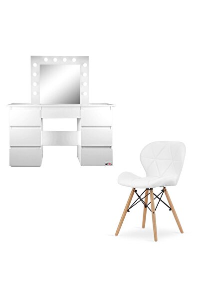 Artool Masa de toaleta/machiaj + Scaun stil scandinav Lago, alba, cu oglinda si LED-uri, Vanessa, 130x43x14