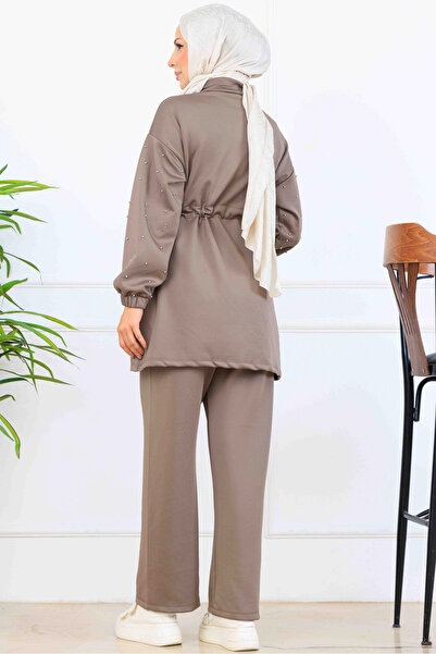 benguen Bead Detailed Scuba Double Suit N5361 Mink