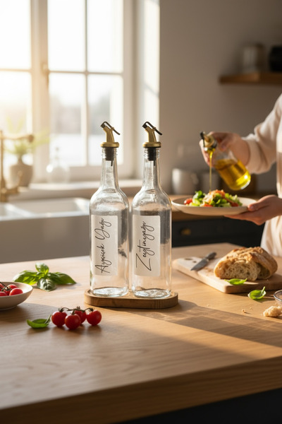 zezedesing 2-Piece Olive Oil and Sunflower Oil Bottle with Wooden Stand Transparent Oil Pot Oil Dispenser 750 ml (Gold)