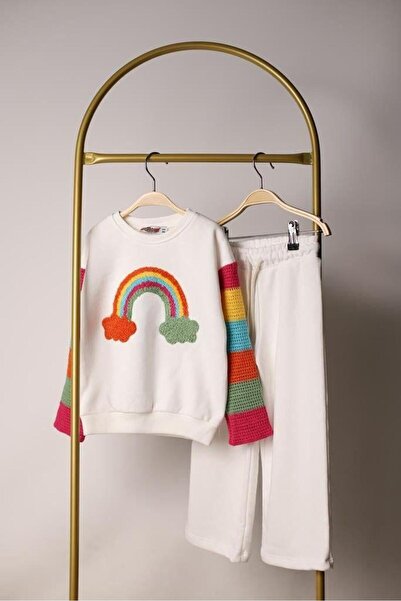 shop Kız Çocuk Gökkuşağı Punch İşlemeli Beli Lastikli Bağcıklı Pamuklu Kumaş Alt Üst İkili Takım