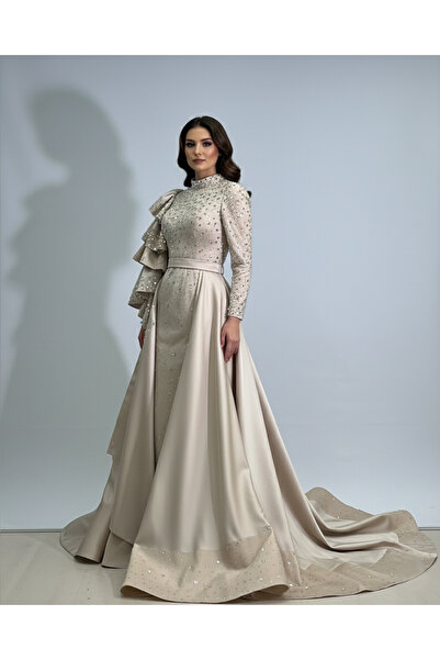 Aşina Bridal Tesettür Abiye, bej renk, taş işleme dantel, tasarım kol, demont...
