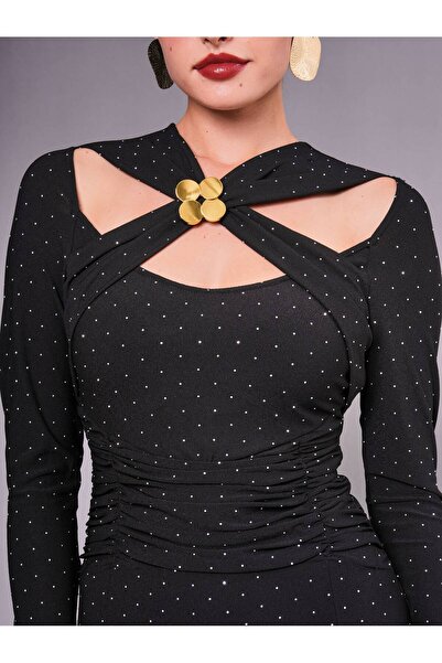 SERPİL Dekolte Detaylı Uzun Kollu Midi Şık Kadın Elbise 51077