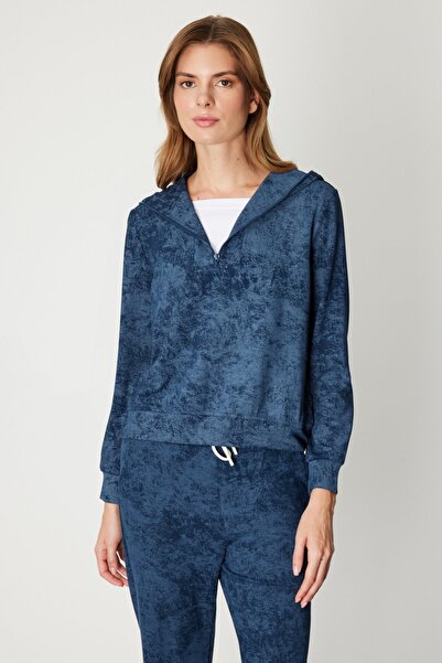 ON Yakası Fermuarlı Batik Desenli Eşofman Üstü