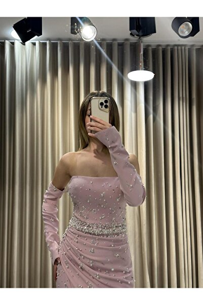 Kaleiçi Yıldızlar Pudra İnci-Taş İşlemeli Straplez Eldiven Detay Elbise