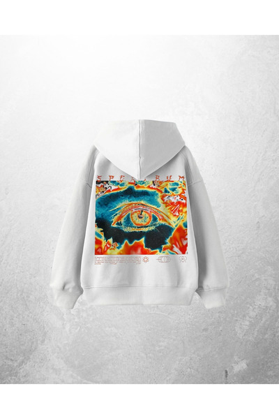 1blood سويت شيرت بقلنسوة كبير الحجم مطبوع عليه عين سايدلريك باللون الأبيض للج...