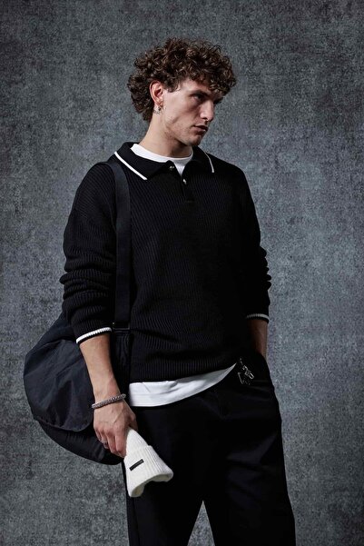 ablukaonline Men's Oversize Polo Neck Contrast Detailed Knitwear Sweater Black