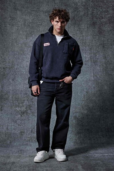 ablukaonline Ανδρικό φούτερ με μισό φερμουάρ Oversize Μαύρο