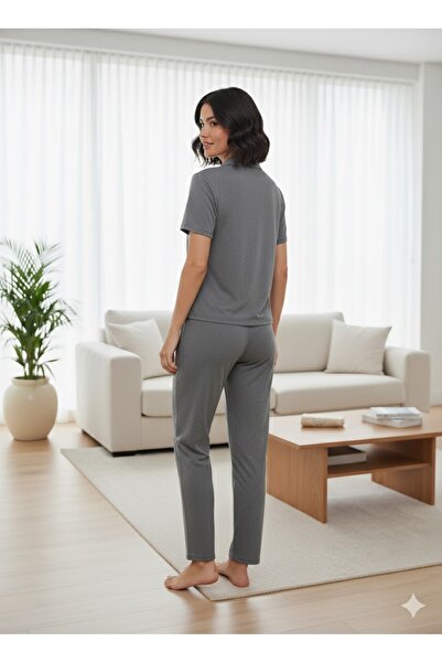 FAMES PİJAMA Women's Gray Button-Detail Pajama Set