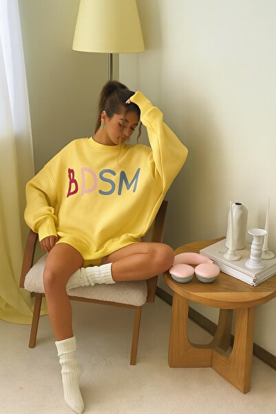 The Champ Clothing Kadın Oversize Sweatshirt Elbise Color Pop Baskılı Sarı – Bisiklet Yaka, 3 İplik Şardonlu Polar