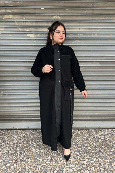 selma Büyük Beden Kadife Detaylı Ferace/Pardesü