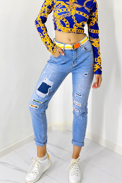 FashionForYou Kiko women's jeans, asymmetrical perforations with decorative inserts and matching belt, Light blue