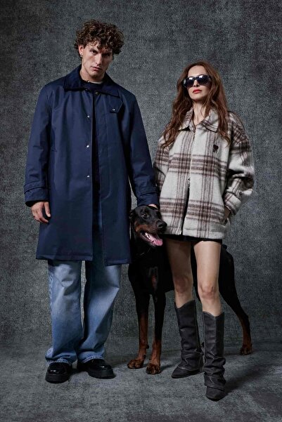 ablukaonline Trench lung pentru bărbați, cu detaliu de guler din velur, albas...