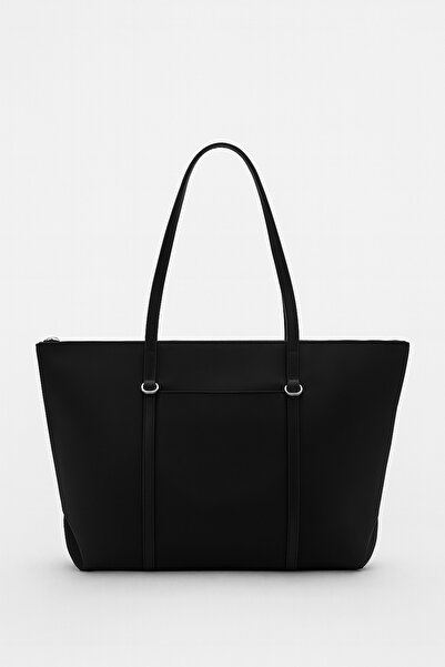 D'VERS Γυναικεία τσάντα χειρός και ώμου από μαύρο υδατοαπωθητικό ύφασμα με λεπτομέρεια από ασημί αξεσουάρ