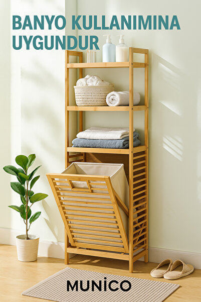 Munico Organizer Raflı Kirli Sepet – Bambu Malzeme, Çek-Aç Kapaklı, Hijyenik ...