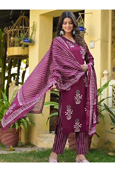 MYSMAR سلوار قميص ودوباتا من رايون النبيذ - ALV1448 | نبيذ