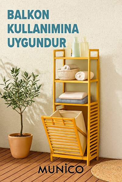 Munico 3 Raflı Bambu Kirli Sepeti – Çek-Aç Mekanizma, Dayanıklı ve Dekoratif ...