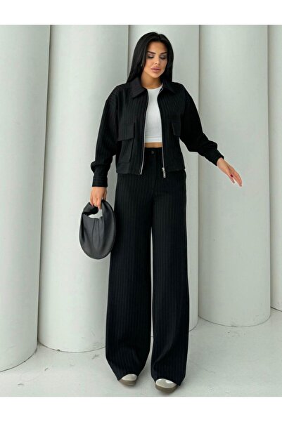 EGZOTİK ASORTİK Striped Cargo Pocket Zippered Jacket and Pants Set