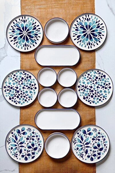 Kitchen Life 14 Piece Stackable Blue Ethnic Breakfast Set for 6 People - Luxury Breakfast Presentation Set Plate