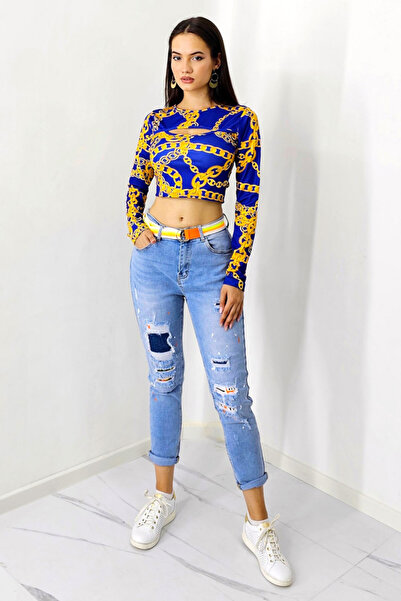 FashionForYou Kiko women's jeans, asymmetrical perforations with decorative inserts and matching belt, Light blue