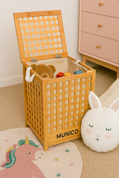 Munico Büyük Boy Bambu Kirli Sepeti – 45x45x62 cm, Çıkarılabilir Torbalı, Nem...