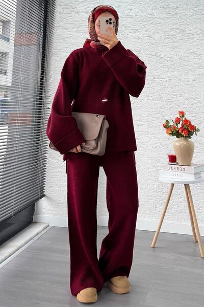 MELEK ARAZ Set de tricotaje cu design cu mâneci pliate și detaliu rupt – Roșu...