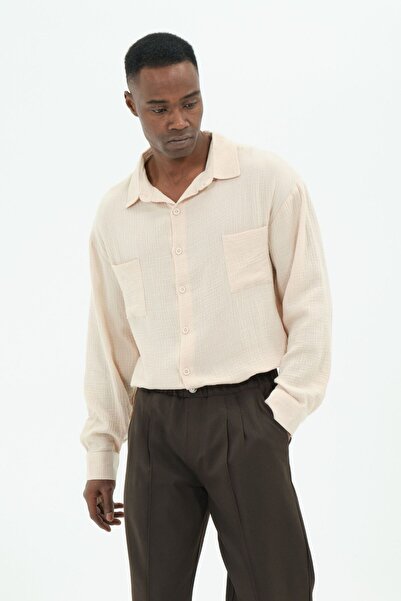 RELAXL Ανδρικό πουκάμισο μουσελίνας μπεζ από 100% βαμβάκι με τσέπες, μεγάλο μέγεθος