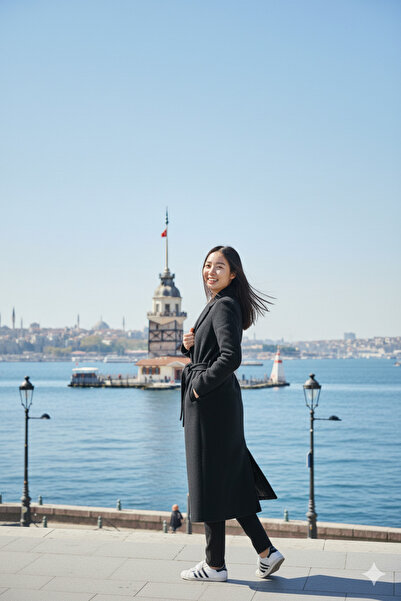 LİMABEL Belted Pocketed Knee Length Long Cashmere Winter Women's Coat Black Kles-1