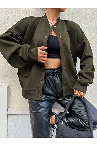 MOVİMENT Women's Khaki Scuba Knitted Jacket with Pocket Detail and Snap Detail