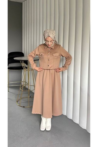 VELLICHOR Double Set with Square Buttoned Scuba Jacket - Camel