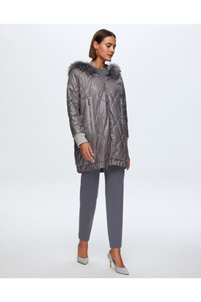 MISS DALIDA T24K-8015 Baklava Dilimli Kürklü Mont GREY