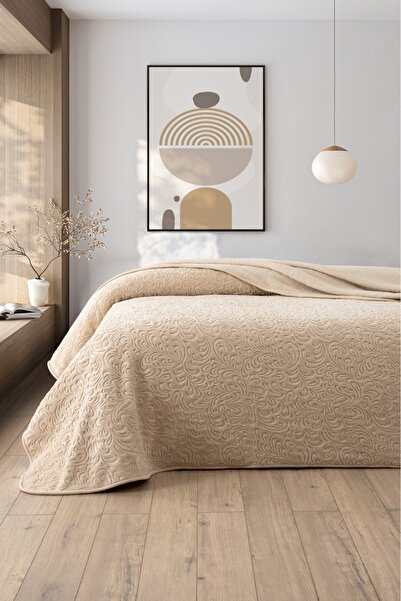 Sevim Жакардово кадифено одеяло с двойна дебелина – меко, топло и стилно покривало за легло – бежово