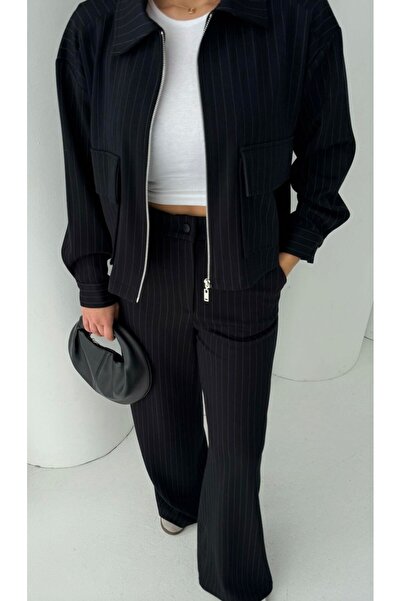 EGZOTİK ASORTİK Striped Cargo Pocket Zippered Jacket and Pants Set