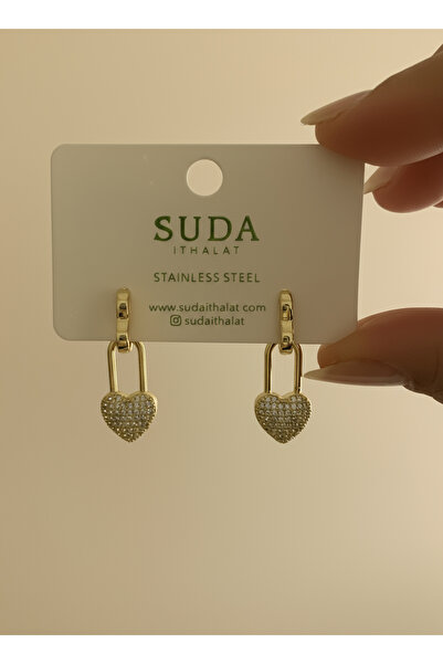Suda İthalat Kalpli Zirkon Taşlı Gold Renk Küpe