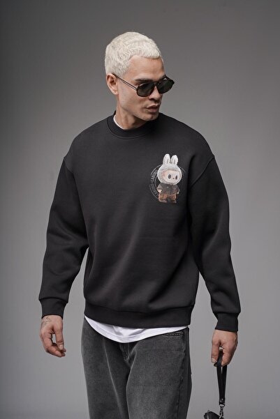 king brich Bisiklet Yaka Labubu Baskılı Oversize Kalıp Unisex Sweatshirt