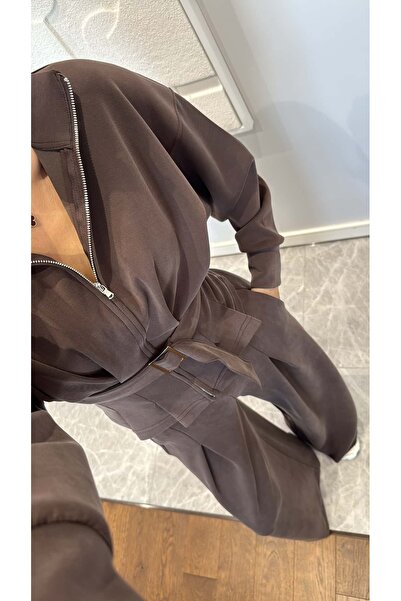 manana fashion Brown Belt Detailed Wide Leg Modal Suit