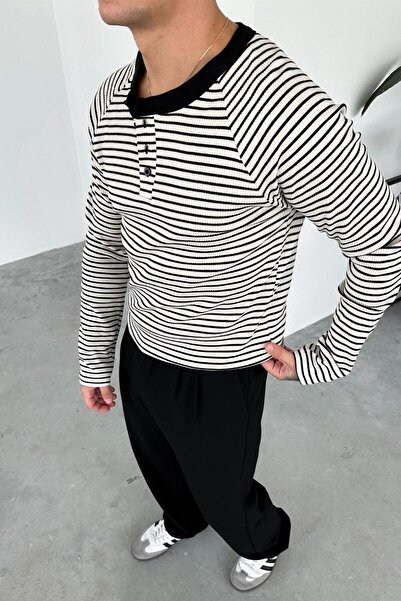 HAFKAGİYİM Μαύρο μπλουζάκι με μακρυμάνικο γιακά με ριγέ κουμπιά