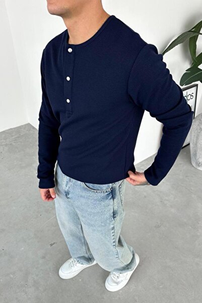 HAFKAGİYİM Синій преміум трикотажний футболка з вафельним коміром і довгими рукавами