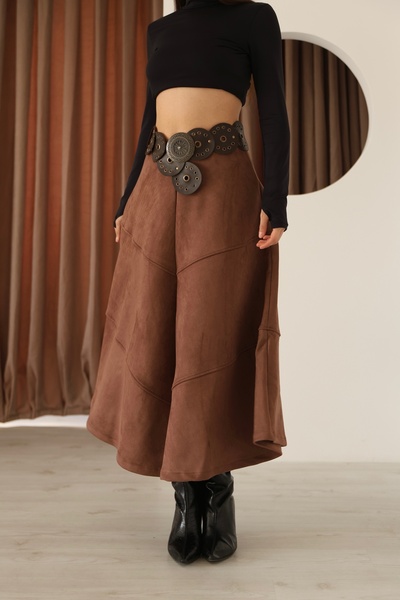 MOVİMENT Women's Brown Suede Flared A-Line Skirt