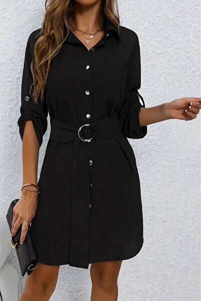 ALPACO Women's Long Sleeve Collared Front Buttoned Belted Mini Imported Linen Dress