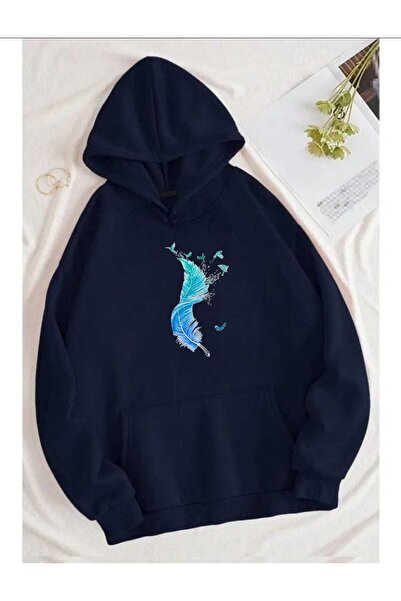 tkn your style سترة بقلنسوة كبيرة الحجم بتصميم عصري مطبوع عليها ريش الطيور وا...