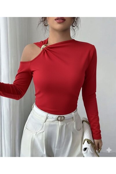 REELMODA Women's Stylish Scuba Crepe Bluse with Circular Neckline, Shoulder Cut-Outs and Accessories