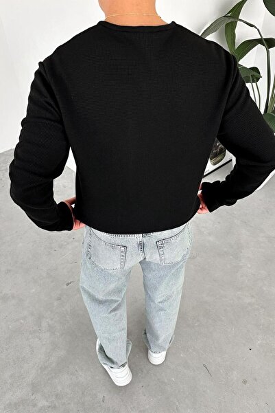HAFKAGİYİM Black Premium Knitted Waffle Buttoned Collar Long Sleeve T-Shirt