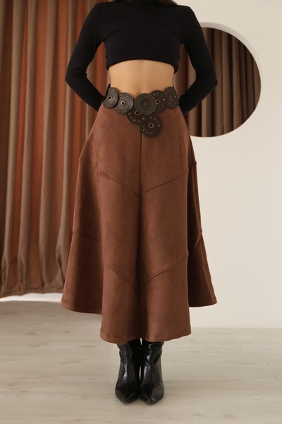 MOVİMENT Women's Brown Suede Flared A-Line Skirt