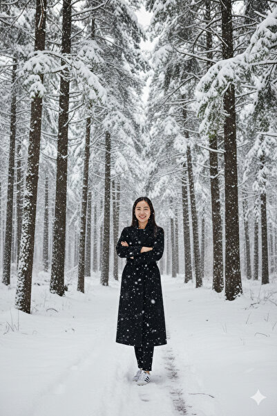 LİMABEL Snyya Belted Pocketed Knee-Length Long Cashmere Winter Women's Coat Black -2