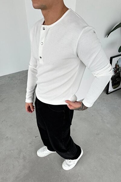 HAFKAGİYİM Λευκό μπλουζάκι με μακρυμάνικο γιακά με κουμπιά πλεκτό βάφλα