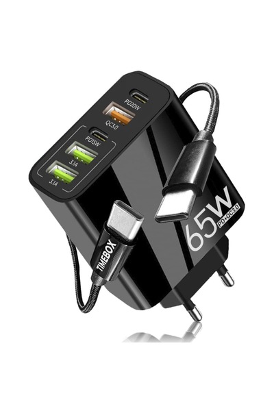 Timebox Încărcător de rețea, 5 porturi, încărcare rapidă 65W, 3 x USB, 2 x Ti...